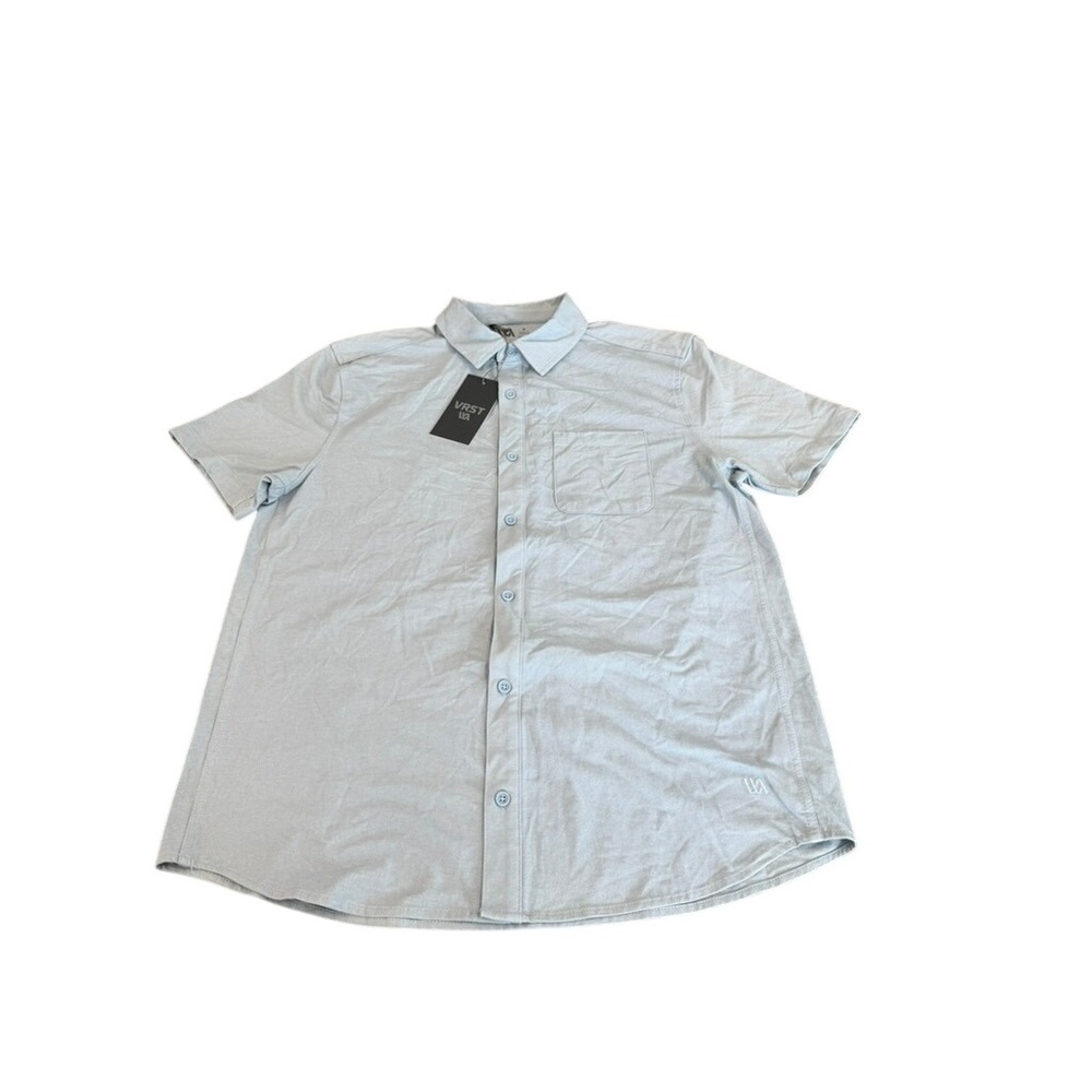 NWT! VRST Men Refined Knit Button Down Shirt Muted Blue Short Sleeve‎ Medium
